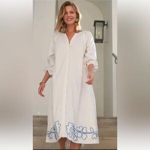 Chic White Midi Dress with Blue Embroidery